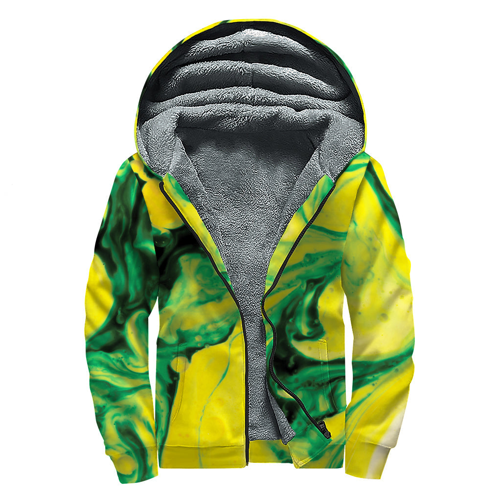 Groovy Vibes: Yellow and Green Acid Melt Print Sherpa Lined Zip Up Hoodie - 1