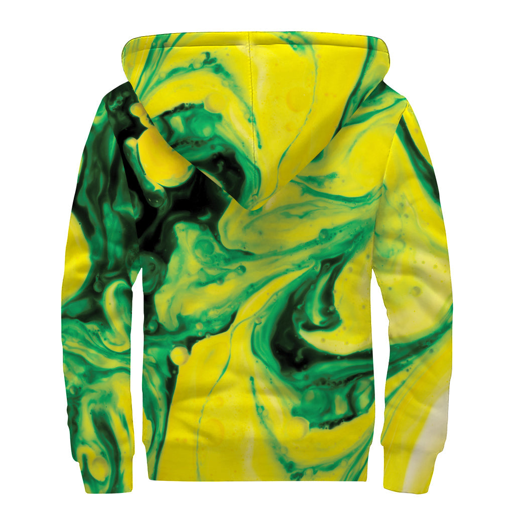 Groovy Vibes: Yellow and Green Acid Melt Print Sherpa Lined Zip Up Hoodie - 2