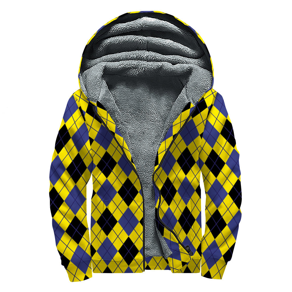 Groovy Vibes: Yellow, Blue, and Black Argyle Print Sherpa Lined Zip Up Hoodie - 1