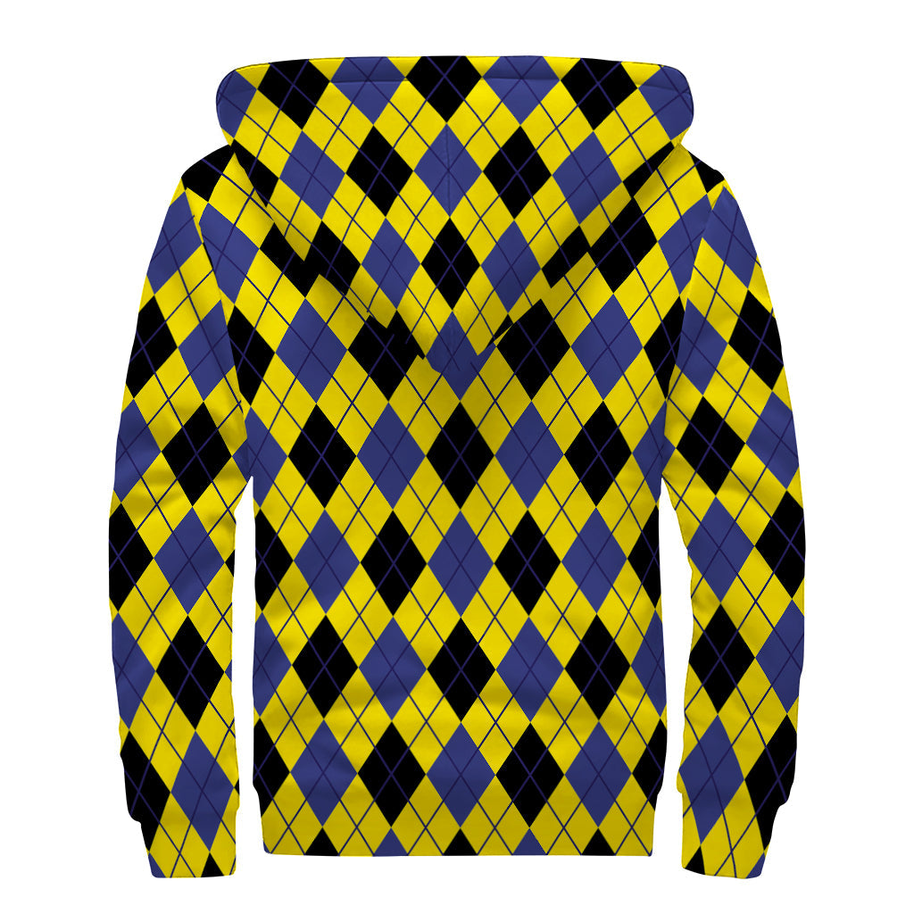 Groovy Vibes: Yellow, Blue, and Black Argyle Print Sherpa Lined Zip Up Hoodie - 2