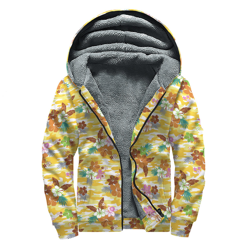 Yellow Camo and Hibiscus Flower Print Sherpa Lined Zip Up Hoodie - Groovy Style for Modern Hippies - 1