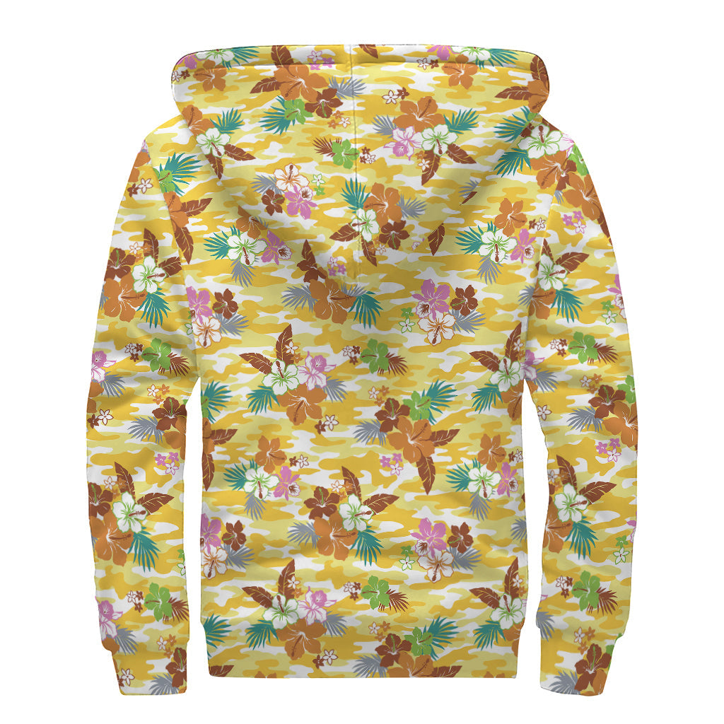 Yellow Camo and Hibiscus Flower Print Sherpa Lined Zip Up Hoodie - Groovy Style for Modern Hippies - 2