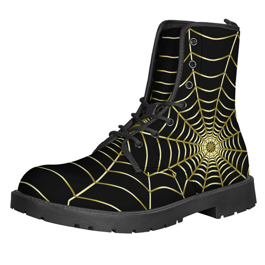 Groovy Vibes: Yellow Cobweb Print Leather Lightweight Boots for Hippies - 1