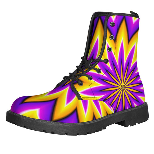 Sunny Daydreams: Yellow Flower Moving Optical Illusion Leather Boots for the Hippie Soul - 1