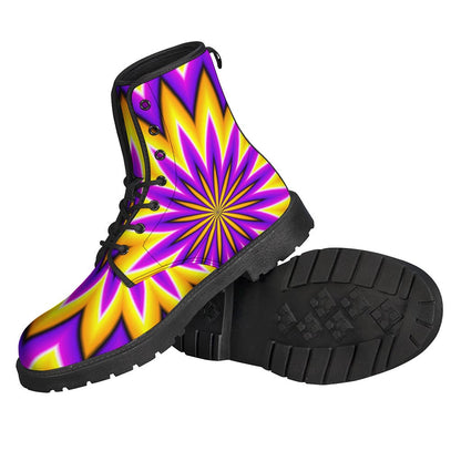 Sunny Daydreams: Yellow Flower Moving Optical Illusion Leather Boots for the Hippie Soul - 2