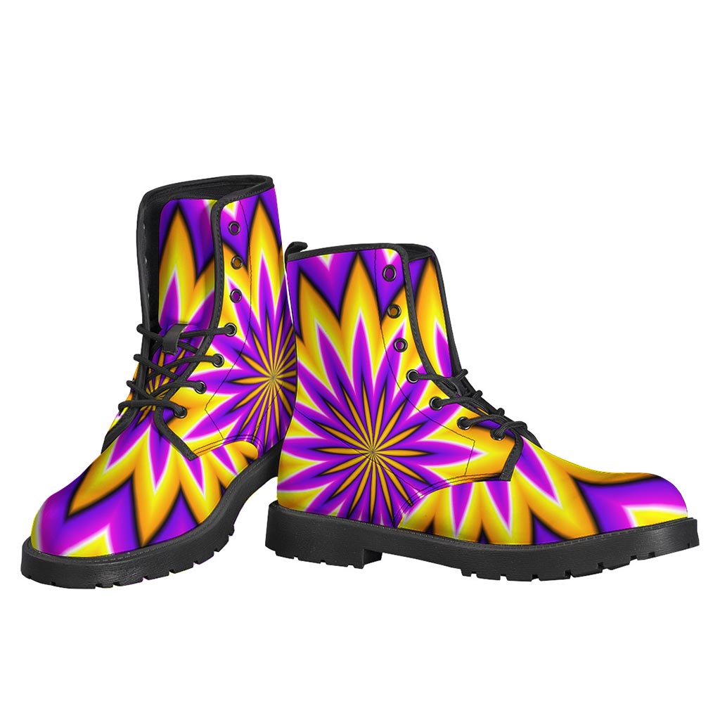 Sunny Daydreams: Yellow Flower Moving Optical Illusion Leather Boots for the Hippie Soul - 3