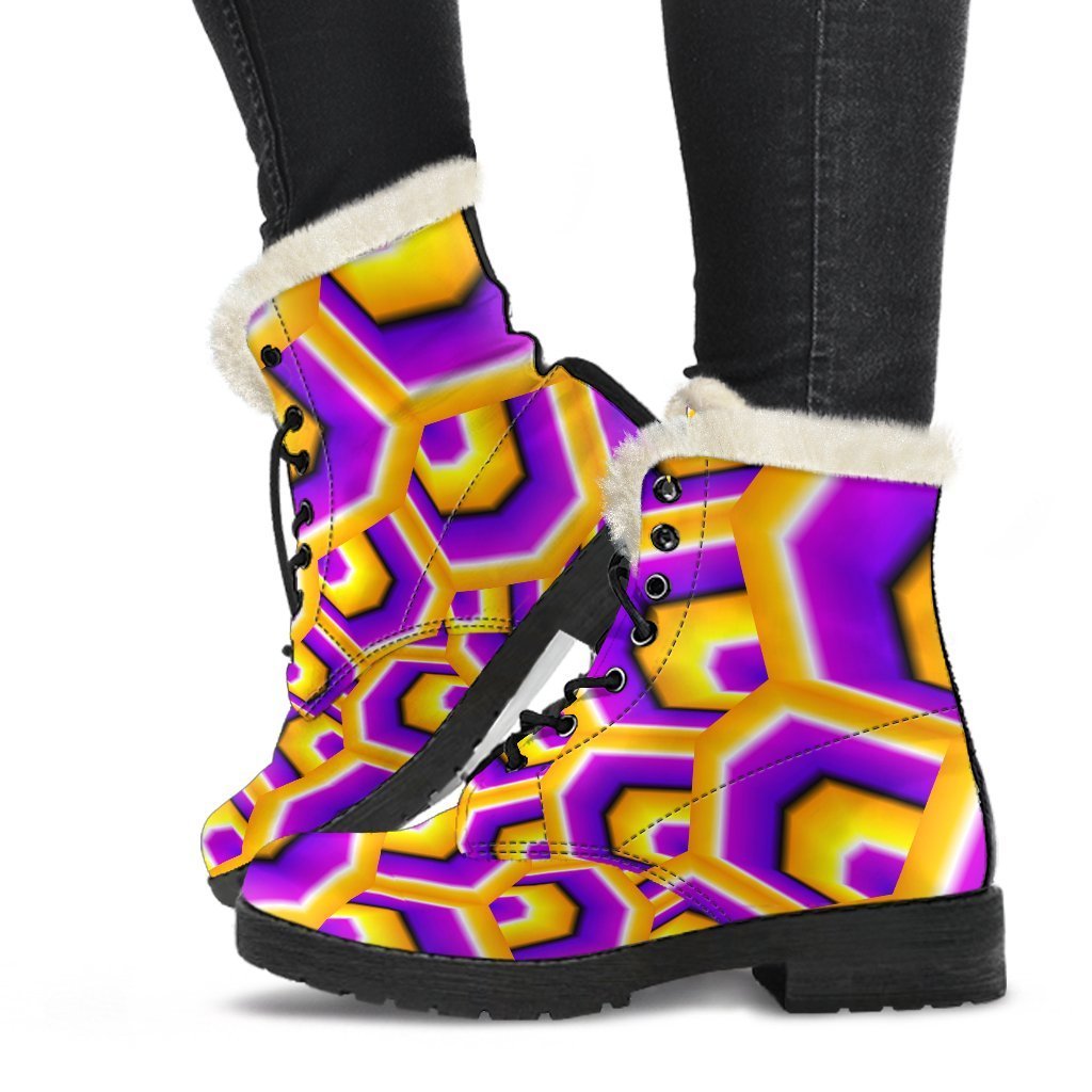 Yellow Hive Moving: Psychedelic Faux Fur Leather Boots for Hippies - 1