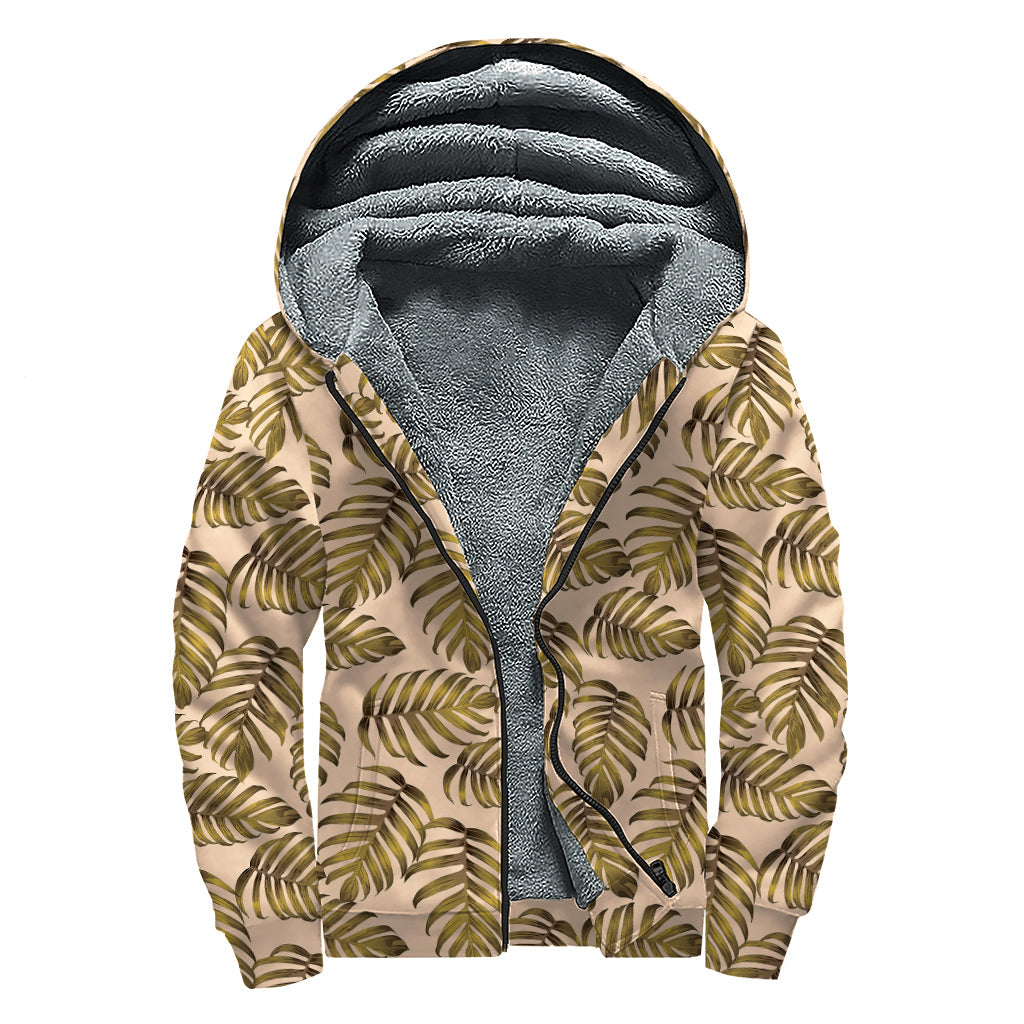 Yellow Monstera Leaves Pattern Print Hippie Sherpa Lined Zip Up Hoodie - 1