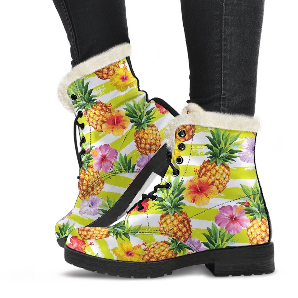 Yellow Striped Pineapple Pattern Faux Fur Leather Boots for Groovy Hippies - 1