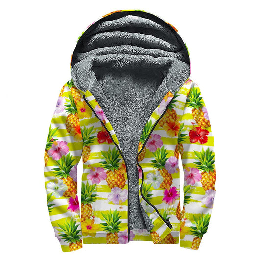 Groovy Yellow Striped Pineapple Sherpa Lined Zip Up Hoodie for Hippie Vibes - 1