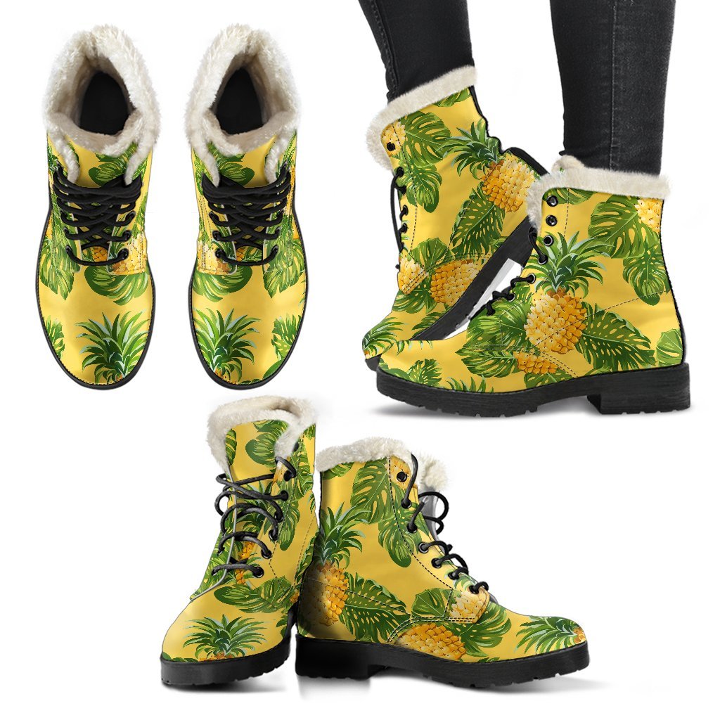 Groovy Yellow Tropical Pineapple Pattern Faux Fur Leather Boots for the Hippie Soul - 2