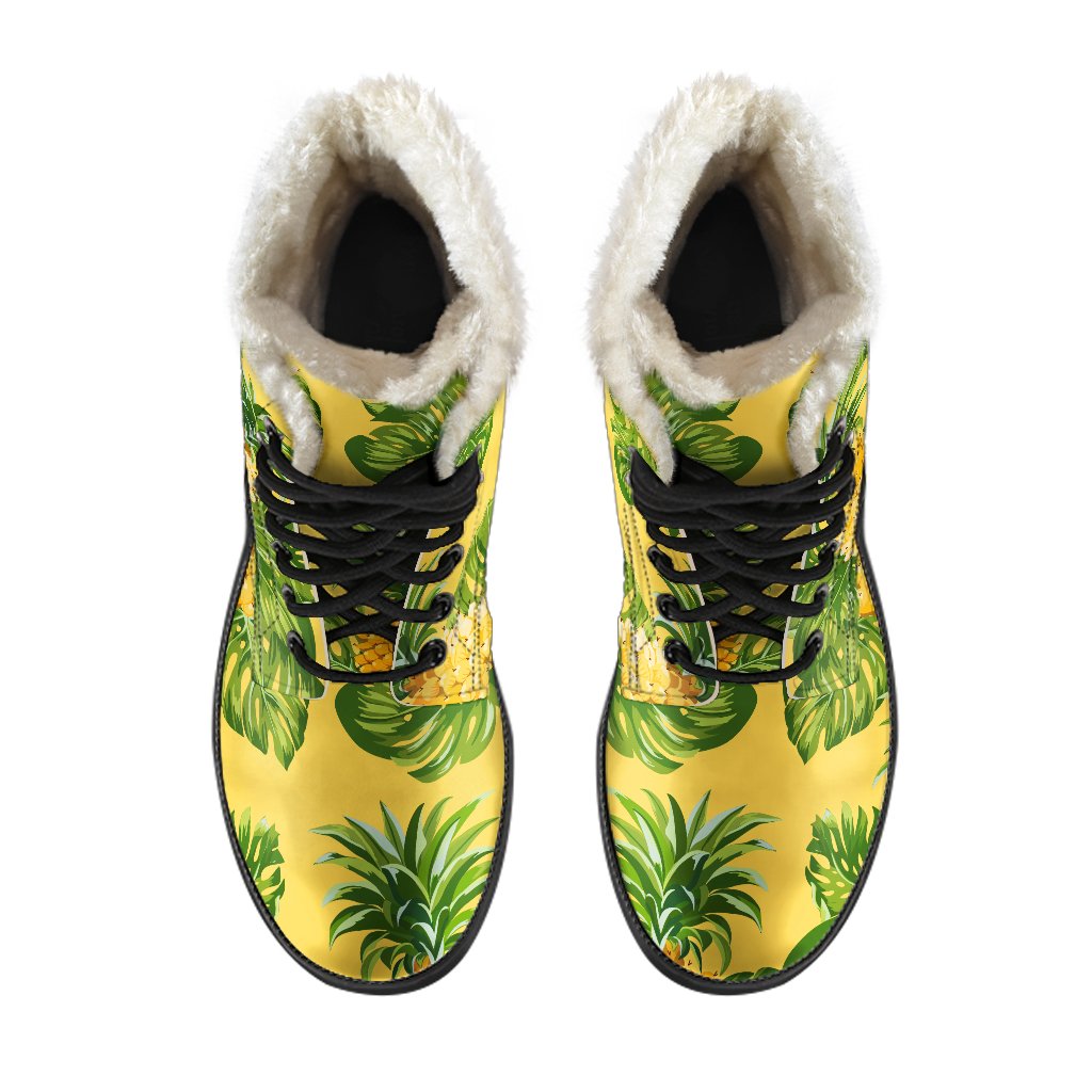 Groovy Yellow Tropical Pineapple Pattern Faux Fur Leather Boots for the Hippie Soul - 4