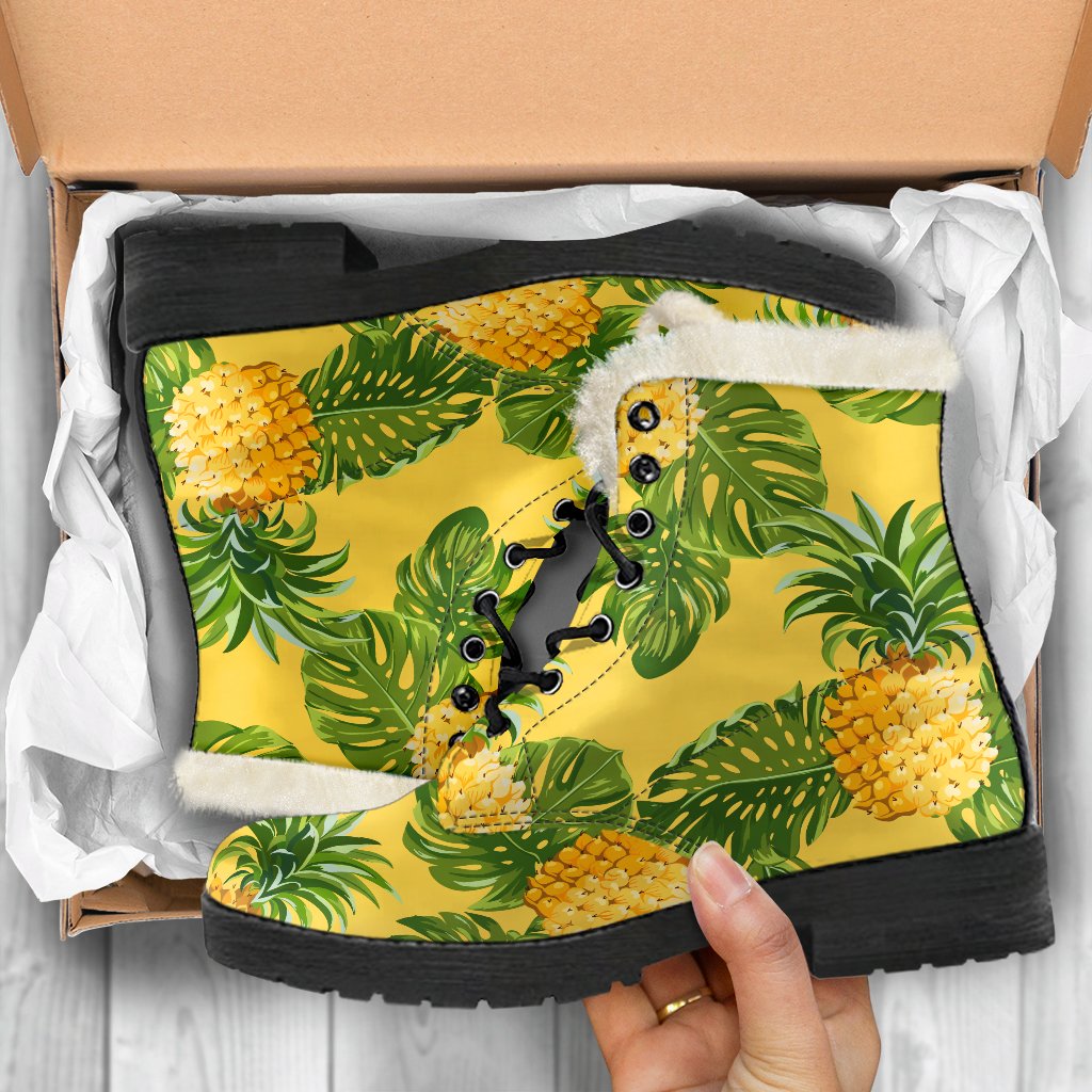 Groovy Yellow Tropical Pineapple Pattern Faux Fur Leather Boots for the Hippie Soul - 5