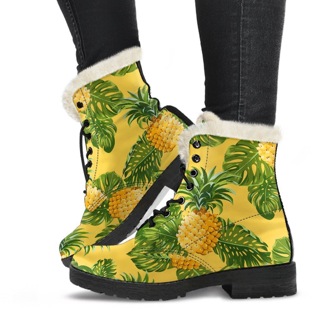 Groovy Yellow Tropical Pineapple Pattern Faux Fur Leather Boots for the Hippie Soul - 1