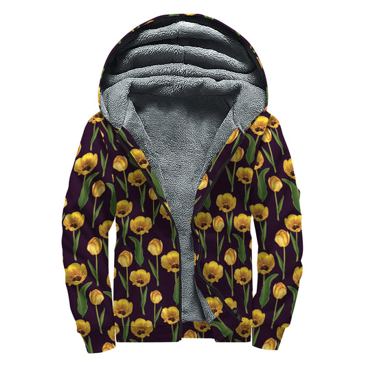 Yellow Tulip Dream: Sherpa Lined Zip Up Hoodie for Free-Spirited Hippies - 1