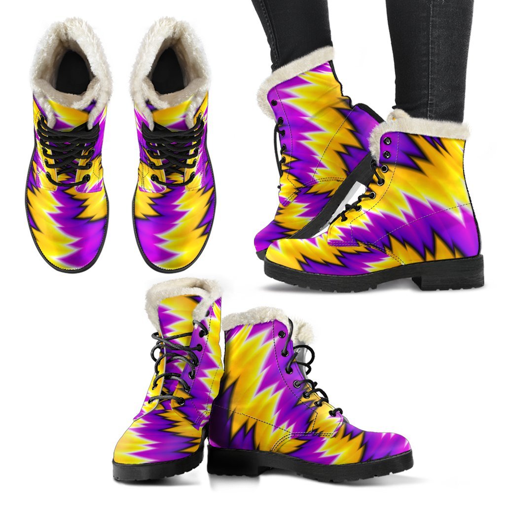 Groovy Vibes: Yellow Vortex Moving Optical Illusion Faux Fur Leather Boots - 2