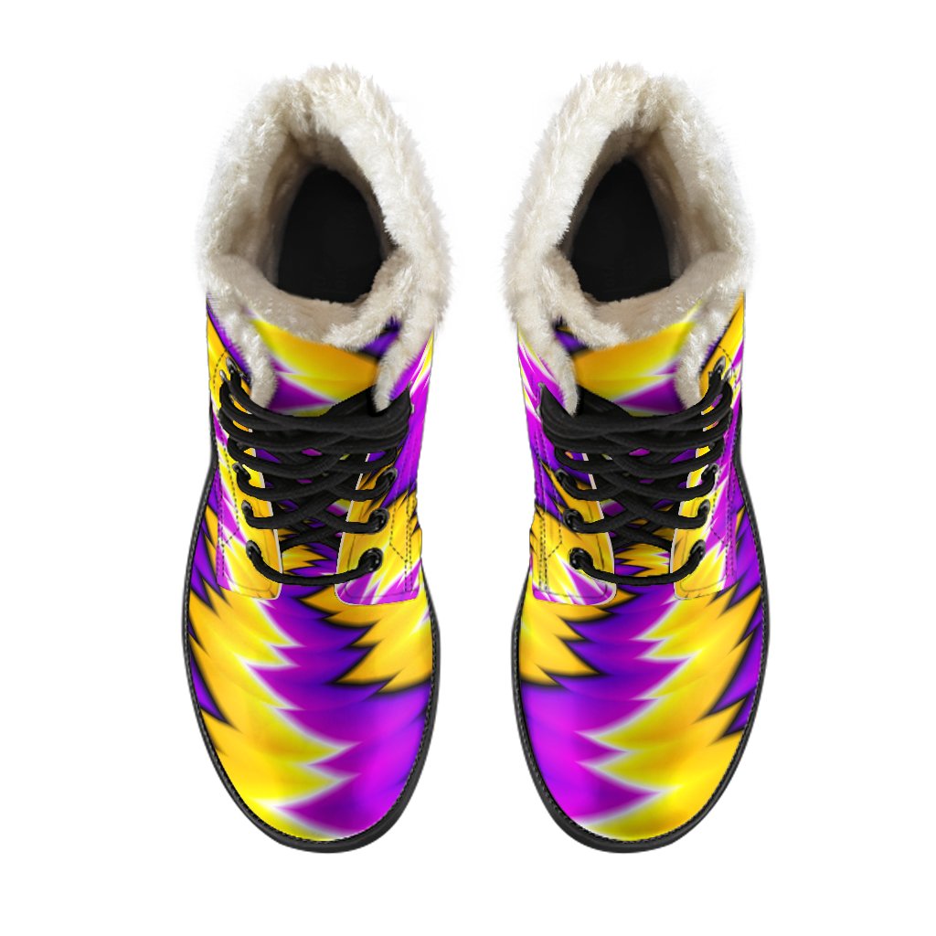 Groovy Vibes: Yellow Vortex Moving Optical Illusion Faux Fur Leather Boots - 4