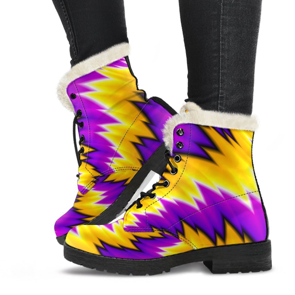 Groovy Vibes: Yellow Vortex Moving Optical Illusion Faux Fur Leather Boots - 1