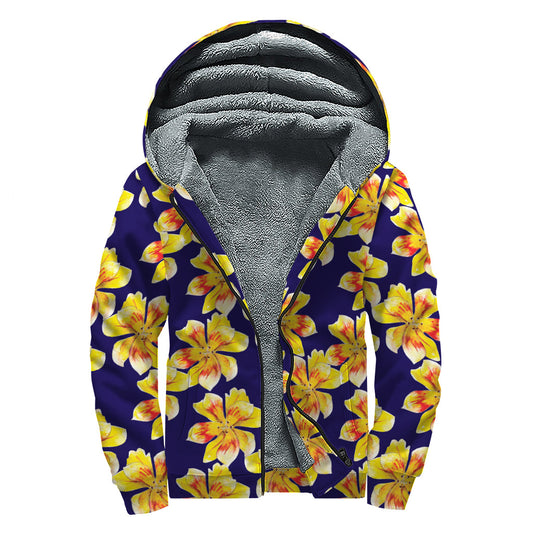 Yellow Watercolor Lily Sherpa Lined Zip Up Hoodie - 1