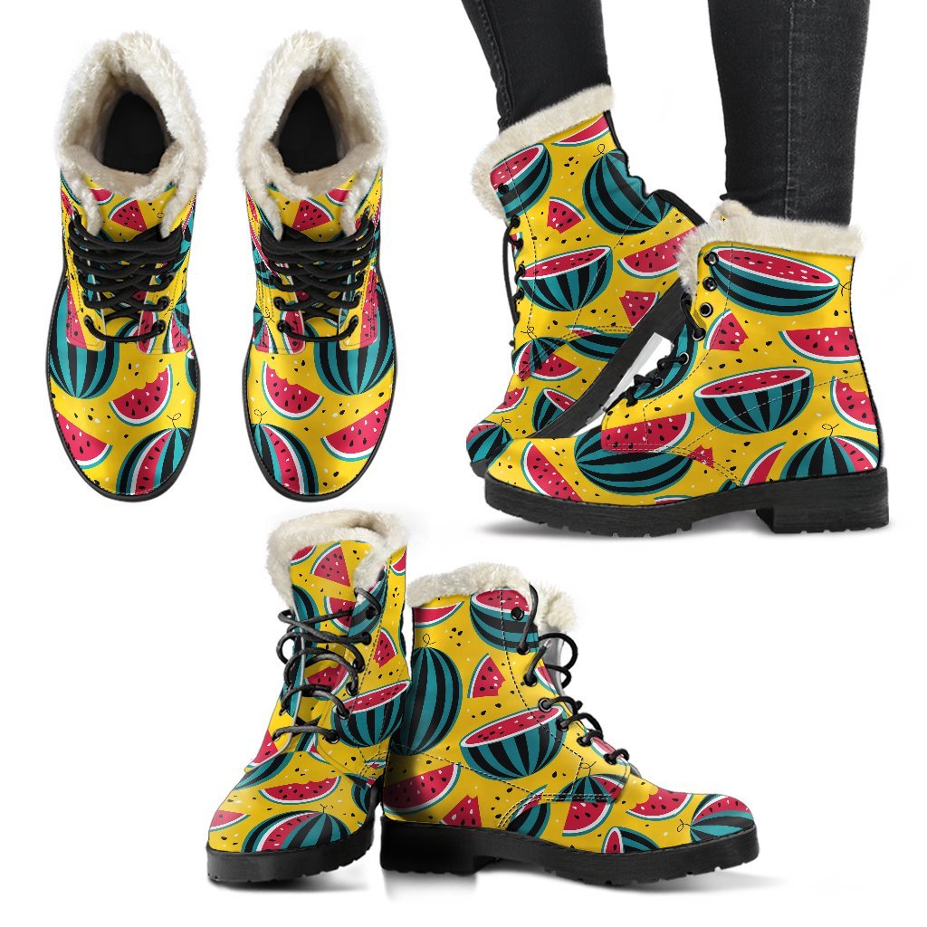 Yellow Watermelon Pieces Pattern Print Faux Fur Leather Boots for Hippie Chic Style - 2