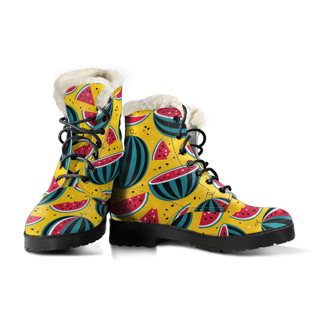 Yellow Watermelon Pieces Pattern Print Faux Fur Leather Boots for Hippie Chic Style - 3