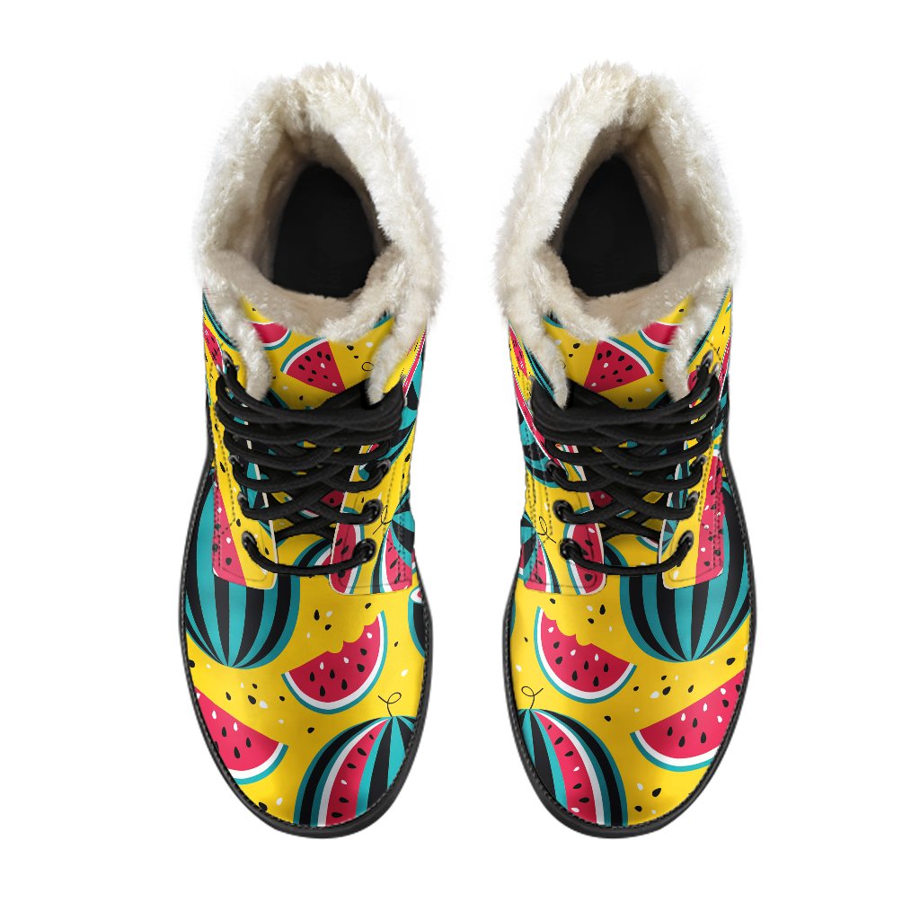 Yellow Watermelon Pieces Pattern Print Faux Fur Leather Boots for Hippie Chic Style - 4