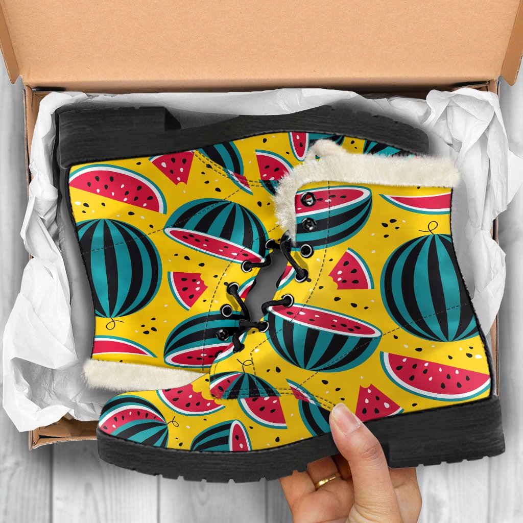 Yellow Watermelon Pieces Pattern Print Faux Fur Leather Boots for Hippie Chic Style - 5