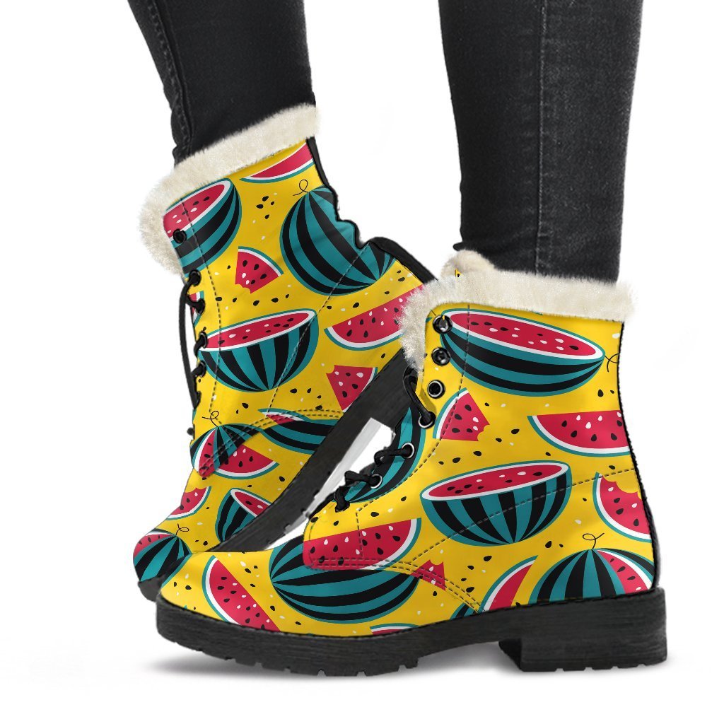 Yellow Watermelon Pieces Pattern Print Faux Fur Leather Boots for Hippie Chic Style - 1