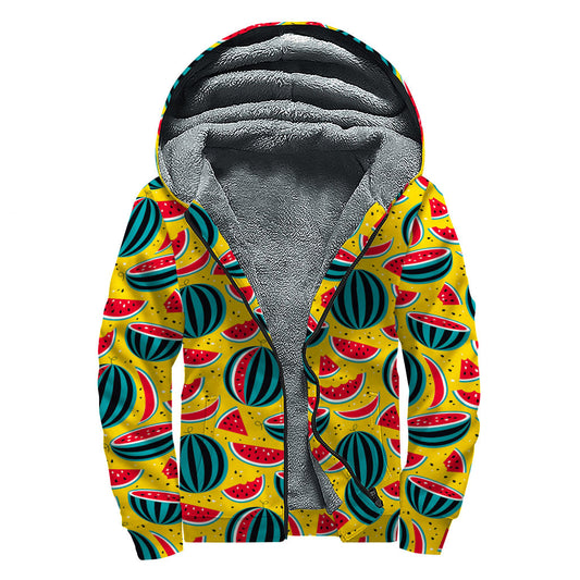 Yellow Watermelon Pieces Pattern Print Sherpa-Lined Zip Up Hoodie for Hippie Fashionistas - 1