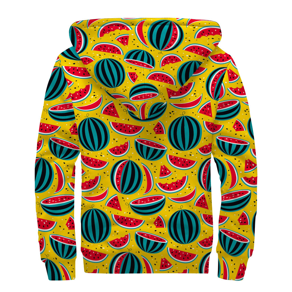 Yellow Watermelon Pieces Pattern Print Sherpa-Lined Zip Up Hoodie for Hippie Fashionistas - 2