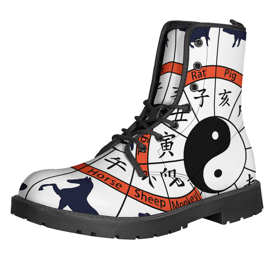 Yin Yang Chinese Zodiac Wheel Printed Leather Boots for the Free-spirited Hippies - 1