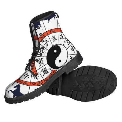 Yin Yang Chinese Zodiac Wheel Printed Leather Boots for the Free-spirited Hippies - 2