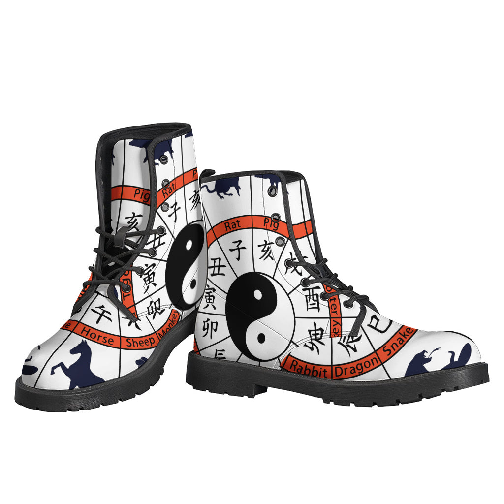 Yin Yang Chinese Zodiac Wheel Printed Leather Boots for the Free-spirited Hippies - 3