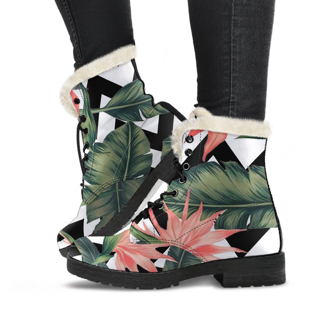 Groovy Vibes: Zig-Zag Tropical Faux Fur Leather Boots for the Modern Hippie - 1